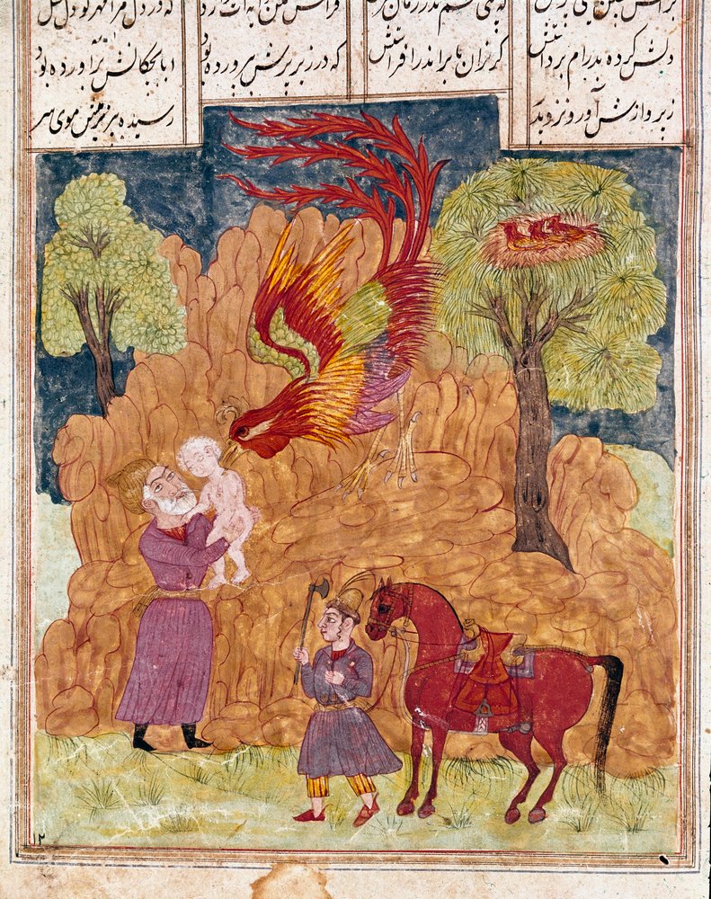 Islamic Art: The fabulous bird Simurgh, similar to the phoenix, carries Zal, son of King Siyam, abandoned in the mountains because he is not albino. Persian miniature from a manuscript of the epic poem “Shahnameh” (Shah Nama, Shahnama), Book of Kings by School Persian