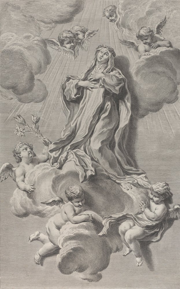 The Ecstasy of Saint Catherine of Siena, kneeling on a cloud carried by ...