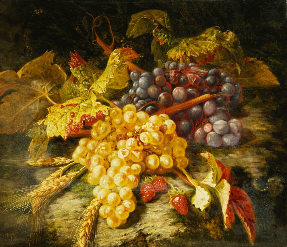 Grapes, Bearded Wheat and Strawberries on a Rocky Ledge by Simon Saint-Jean