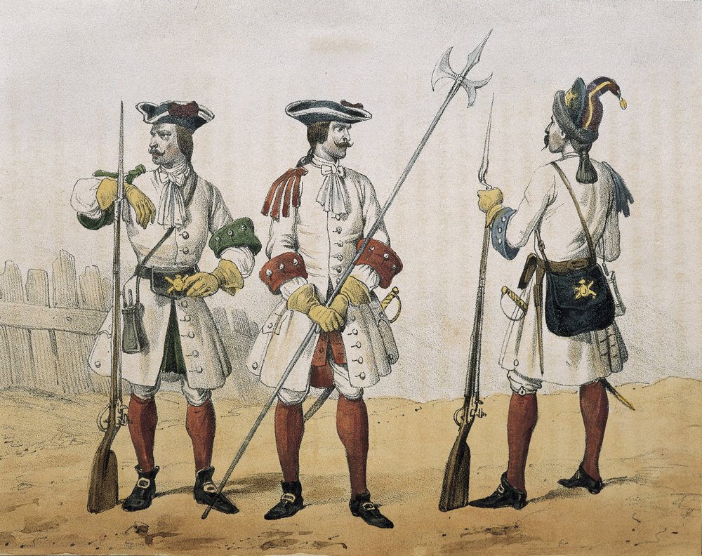 Historia organica de las armas de Infanteria y Caballeria espanolas. Line infantry during the reign of Philip V of Spain. Rifleman, Sergeant and Grenadier by Spanish School
