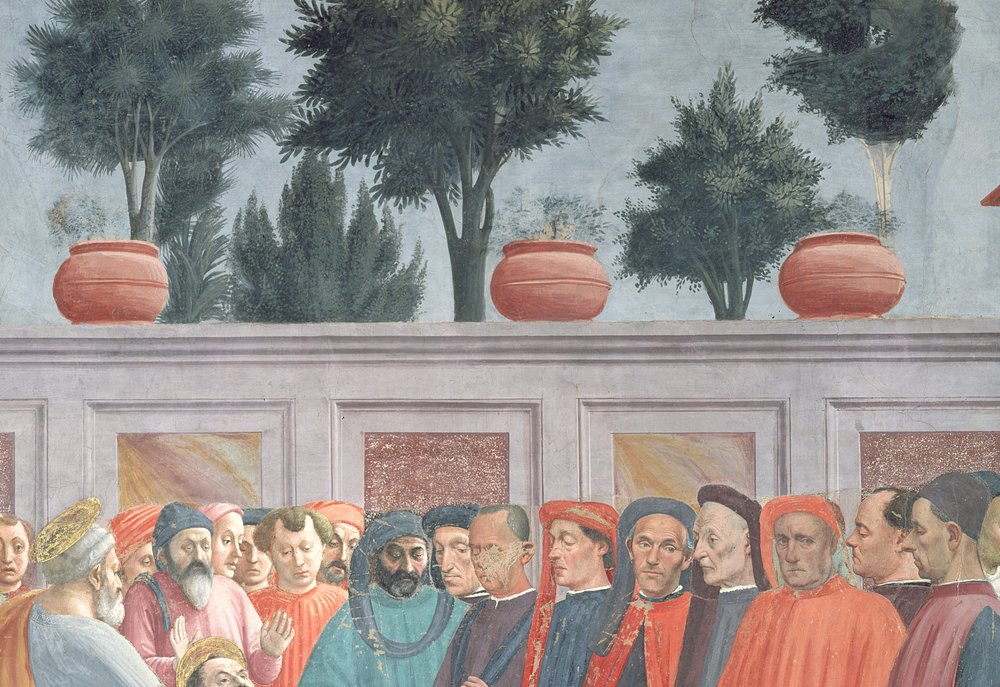 Heads of people below the background wall, from the Raising of the Son of Theophilus, and St. Peter Enthroned as First Bishop of Antioch (detail) by Tommaso Masaccio