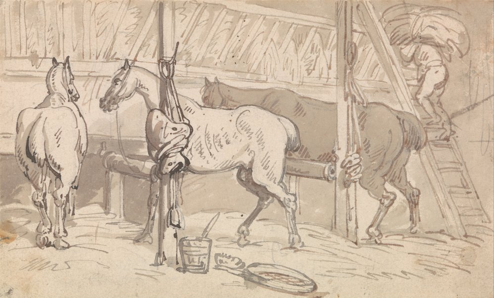 Three Horses in Stalls by Thomas Rowlandson