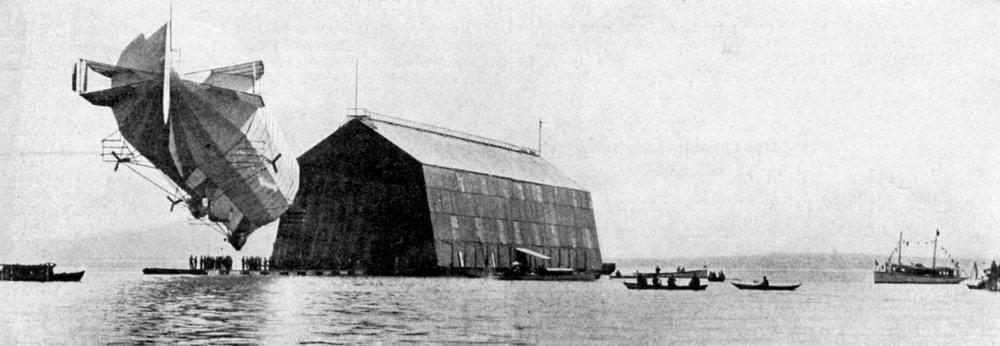 A Zeppelin Entering Its Floating Shed, c. 1900 by Unbekannt
