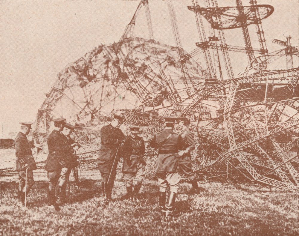 British staff officers examining the wreckage of a Zeppelin brought ...