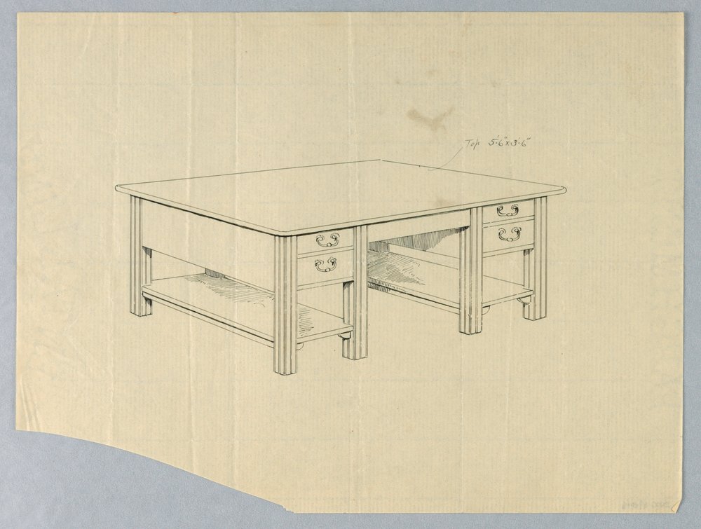 Drawing, Design for Massive Library Table with Square Fluted Legs and ...
