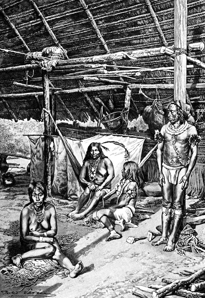 Inside a Ticuna hut, South America, 1895 by Unbekannt