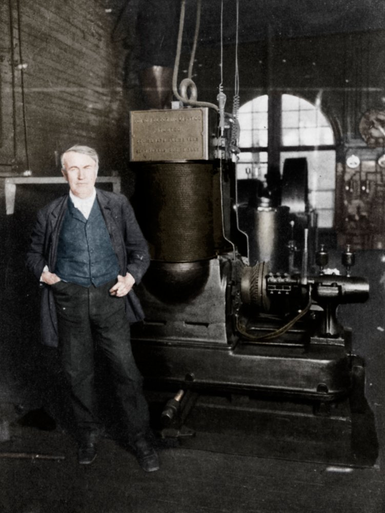 Thomas Alva Edison, American inventor, with his first dynamo for producing electric light, 1880s by Unbekannt