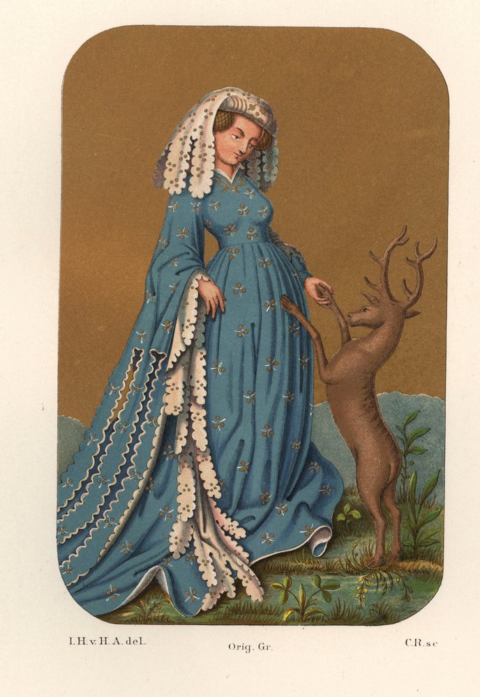 Costume of a Noble Lady from the Beginning of the 15th Century, Playing with a Deer. Chromolithography, Drawing by Jakob Heinrich von Hefner-Alteneck by Unbekannter Künstler