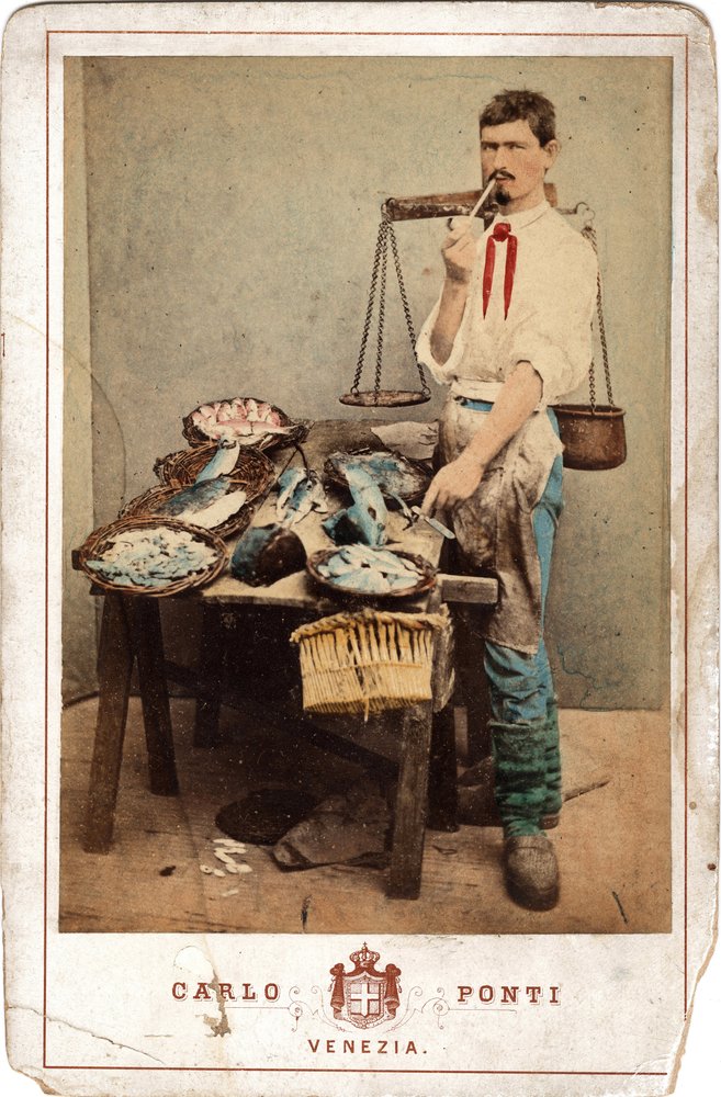 Small Trades: Portrait of Fish Monger, Close to His Stall of Fish, Venice - 19th Century by Unbekannt