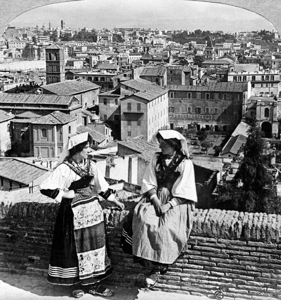 Two women in traditional costume in Rome, Italy by Underwood and Underwood