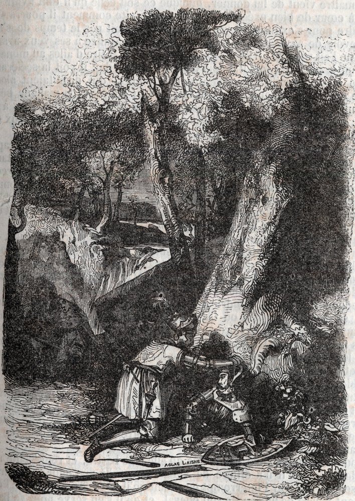 Hermonides overturned and rescued by Zerbin - 1851 engraving from Furious Roland (Orlando furioso) (16th century) by Ludovico Ariosto, known as the Ariosta - Edition translated from Italian by the Count of Tressan and published by Gustave Harvard 1851 by Unknown artist