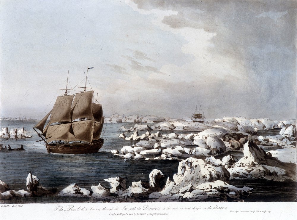 James Cook's Voyages: the Resolution's boat in the foreground and the ...