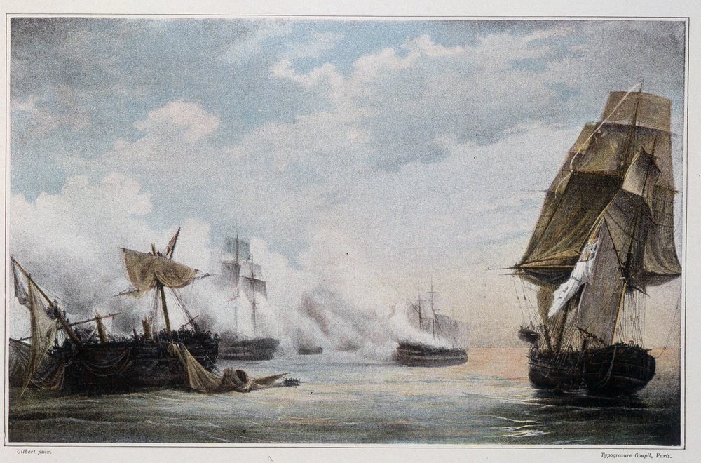 Naval battle between the French ship 'Formidable' and the English ships ...