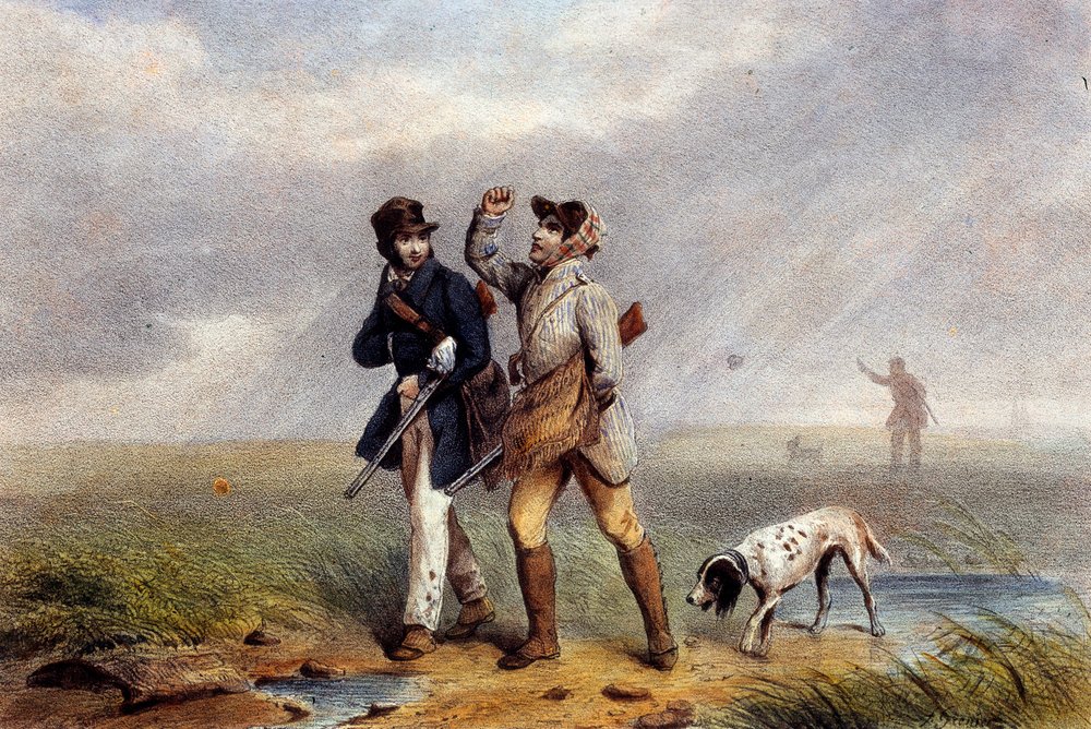 Pleasable hunting game two hunters talking. Lithograph of the 19th ...