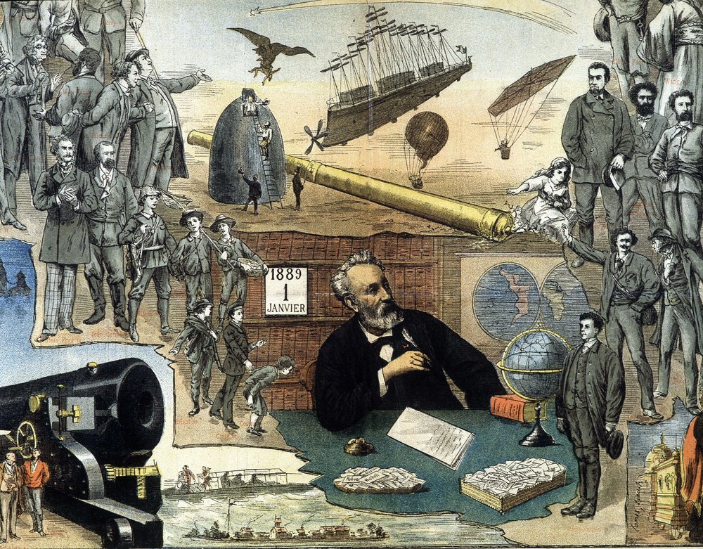 Portrait of Jules Verne and scenes of his works - advertising poster ...