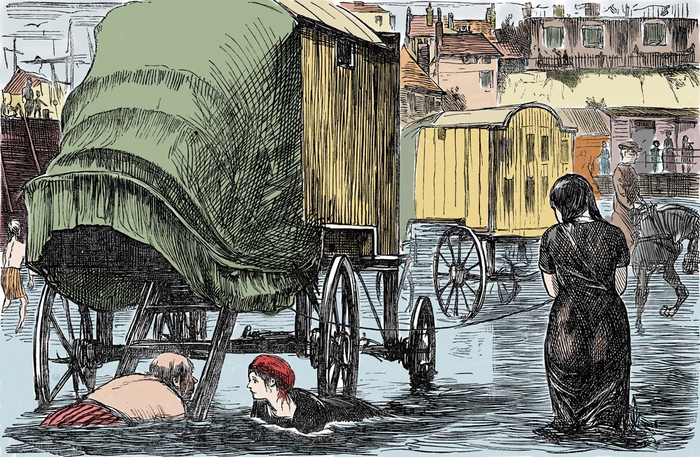 Representation of the bath cabin invented in 1750 by Benjamine Beale ...