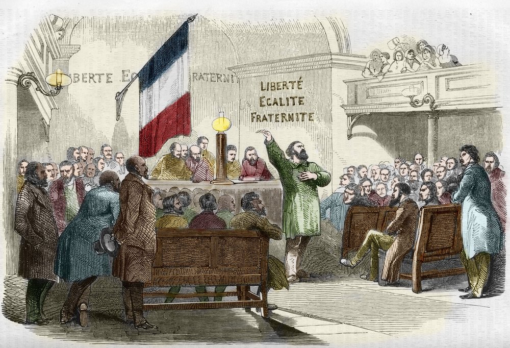 Revolution of 1848: Republican Club meeting in Paris in 1848. The wall reads the Republican motto 