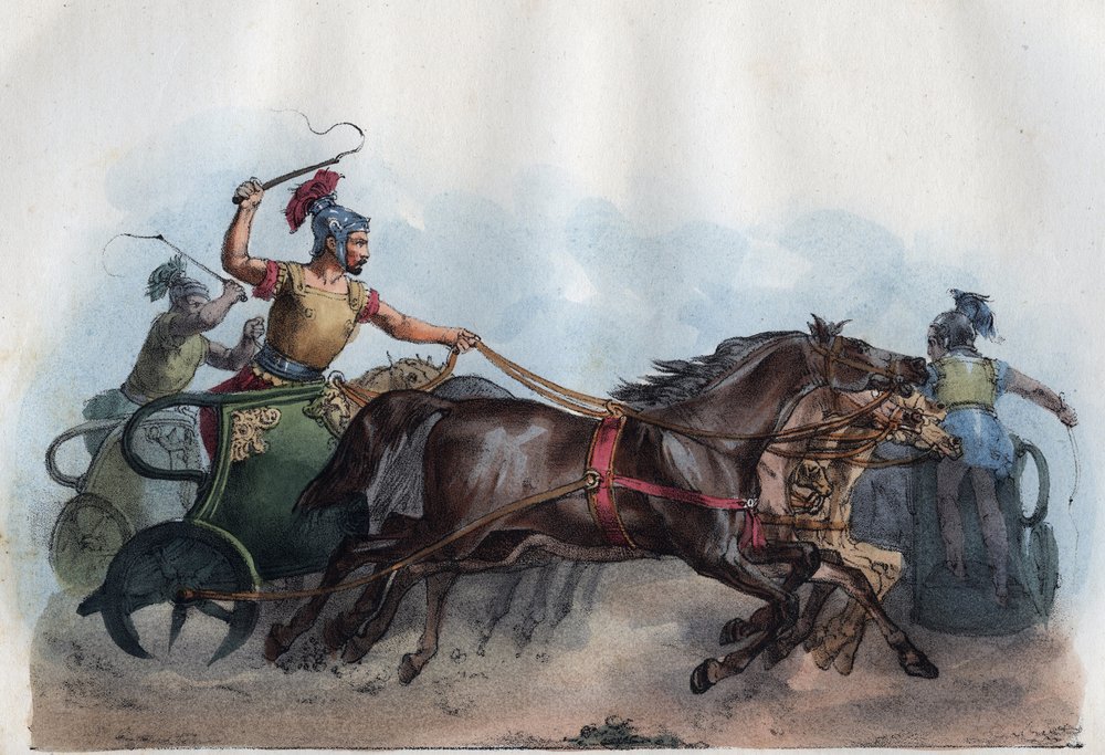 Roman chariot race or Biga race - engraving from “Usi e Costumi di Tutti i Popoli dell