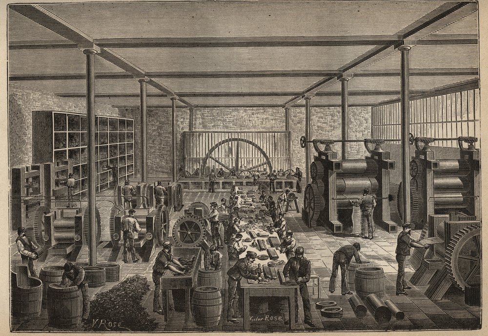 Rubber: Rubber Factory. Engraving from 1885 in 