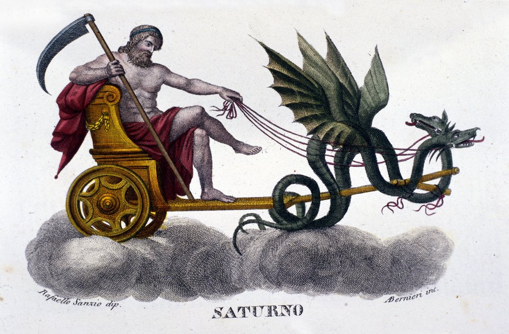 The God Saturn (or Cronos) on a tank fired by two dragons. From an ...