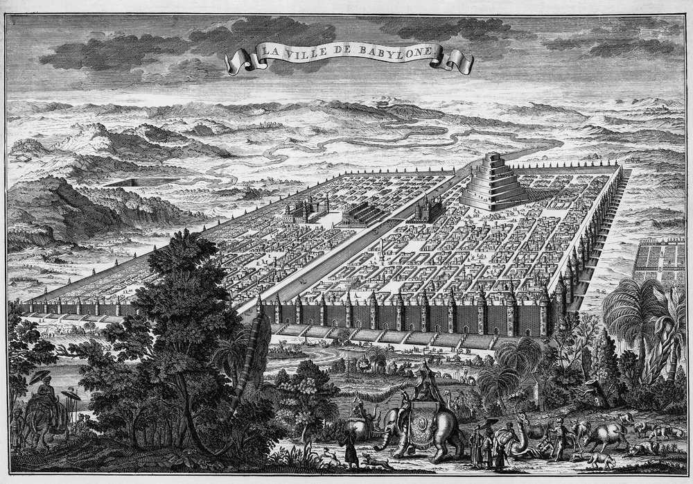 The city walls of Babylon surrounding the hanging gardens and the
