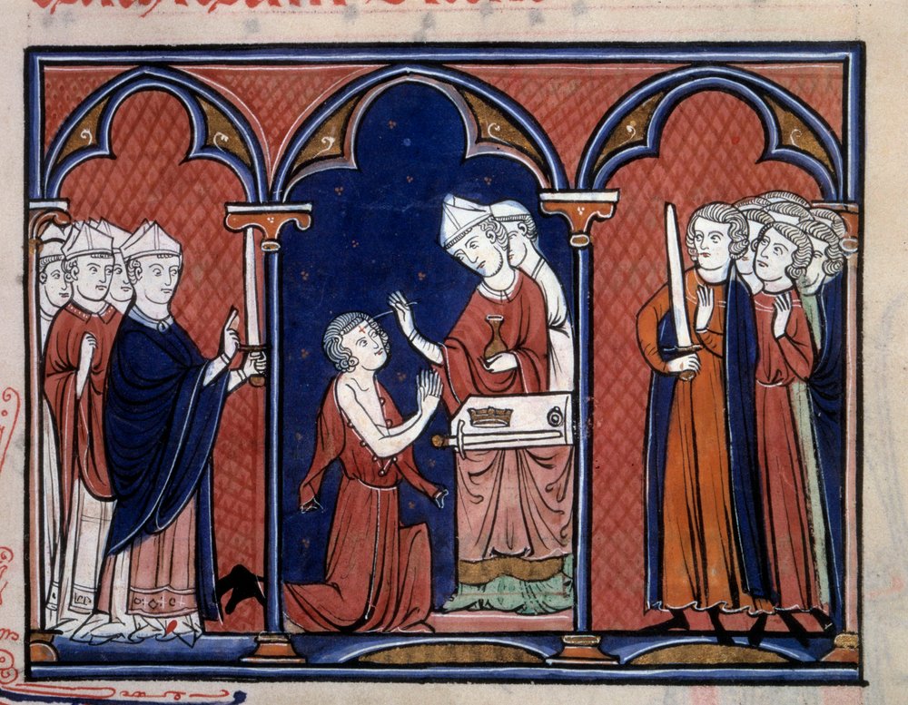 The Ordo of the Sacred. Representation of the ritual of anointing the king, probably Louis IX (Saint Louis) (1214-1270). Miniature taken from “Order of Consecration and Coronation of the Kings of France”, around 1250. Paris, B.N. by Unknown artist
