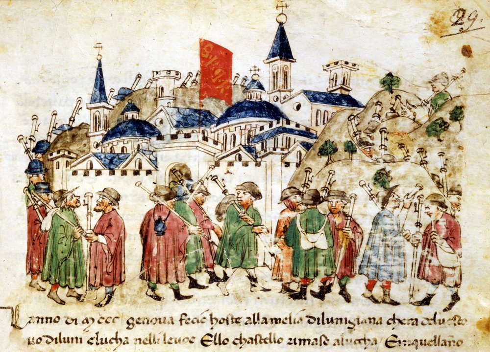 Travelling pilgrims arrive in Rome. 14th century. Chronicles Sercambi ...