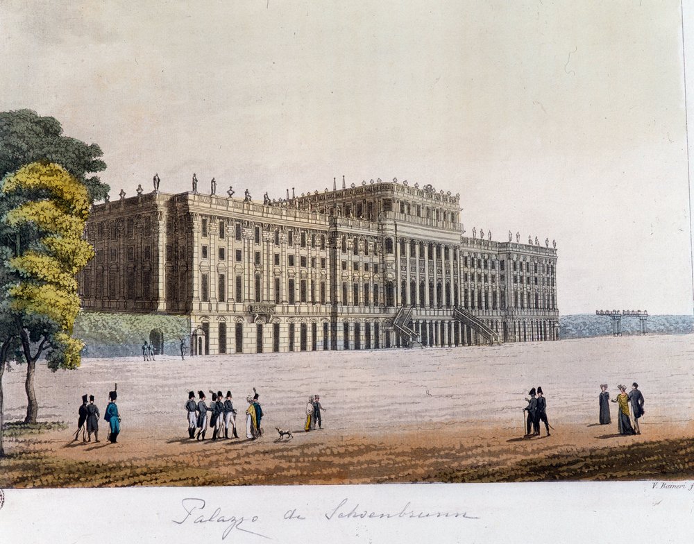 View of Schonbrunn Palace in Vienna, Austria. Engraving from 1826