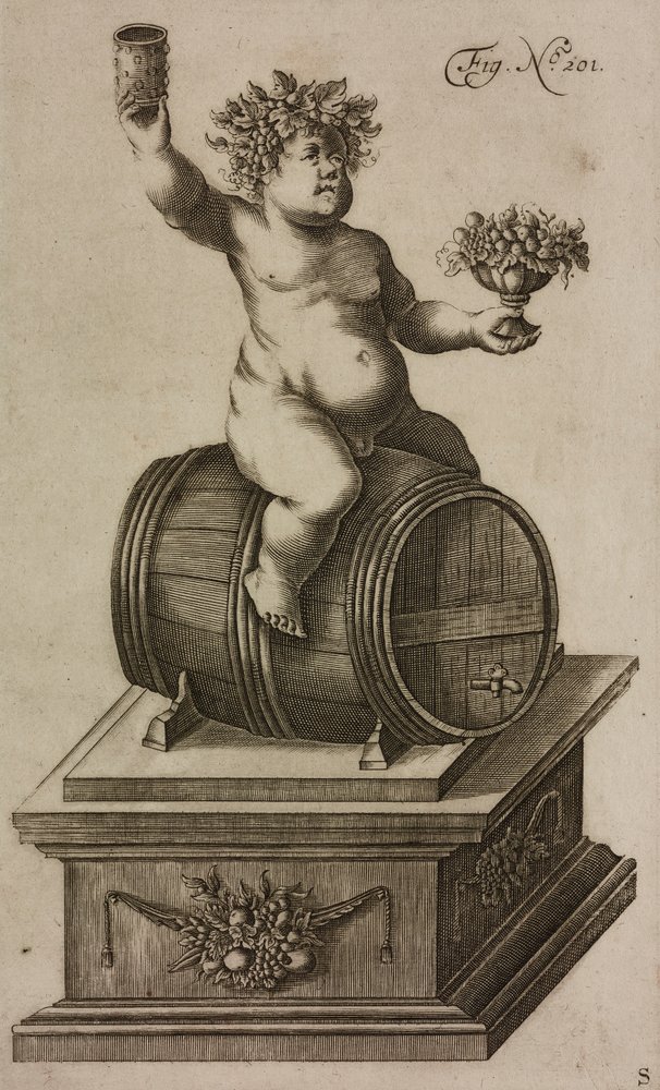 Bacchus on Barrel, Mannequin to Launch Fireworks, Engraving from Grand Art of Artillery by Casimir Siemienowicz by Unknown artist