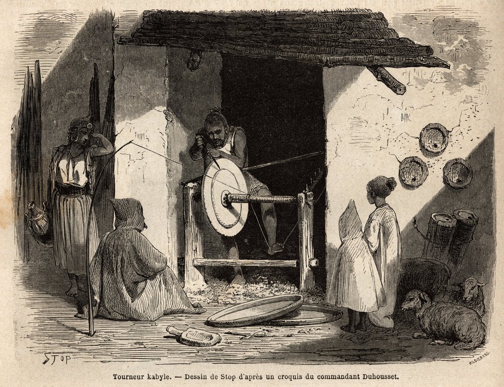 The Artisan Turner Kabyle in his workshop makes a huge wooden flat that is used for all purposes, domestic and agricultural, in Kabylia (Algeria). Engraving to illustrate the excursion to the great Kabylie, between the Mediterranean and the Djurjura, in 18 by Unknown artist