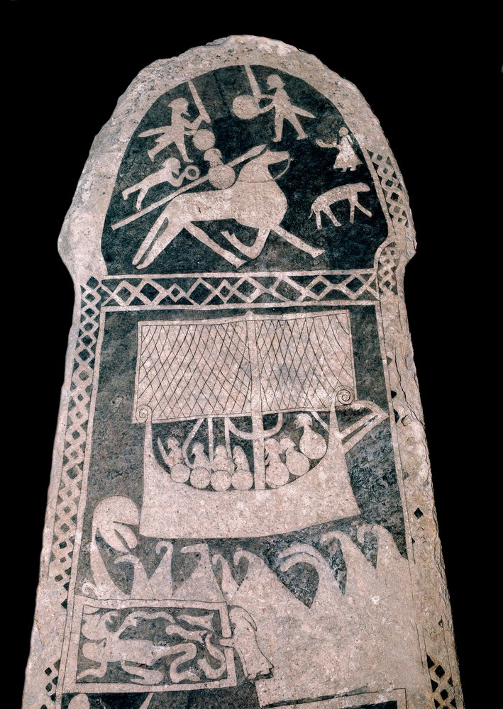 Viking: Runic stone of Gotland (Sweden) depicting a sailing Viking drakkar, 8th century - Regional Museum of Visby, Sweden by Viking