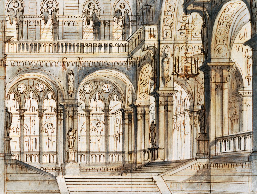 Set design for third scene of Capuleti and Montecchi, opera by Vincenzo ...