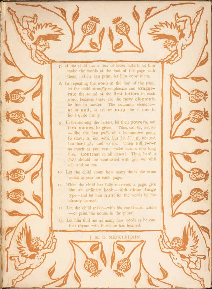 Reading instructions for a child. A floral border, with cherubs by Walter Crane