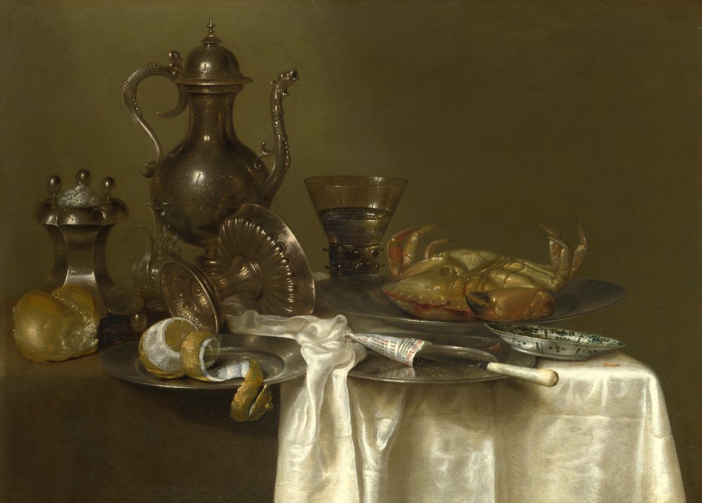 Still Life: Pewter, Silver Vessels and a Crab by Willem Claesz. Heda