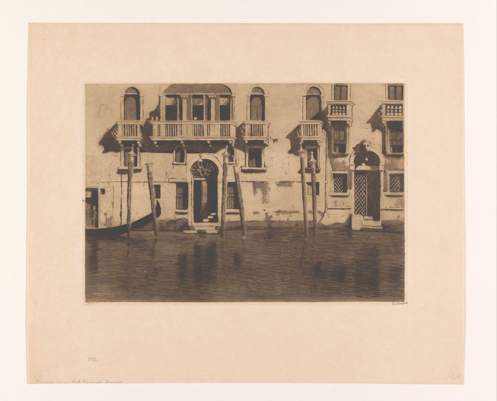 View of façades and mooring posts along the Grand Canal in Venice - Houses with six mooring posts, Venice by Willem Witsen (signed by artist)