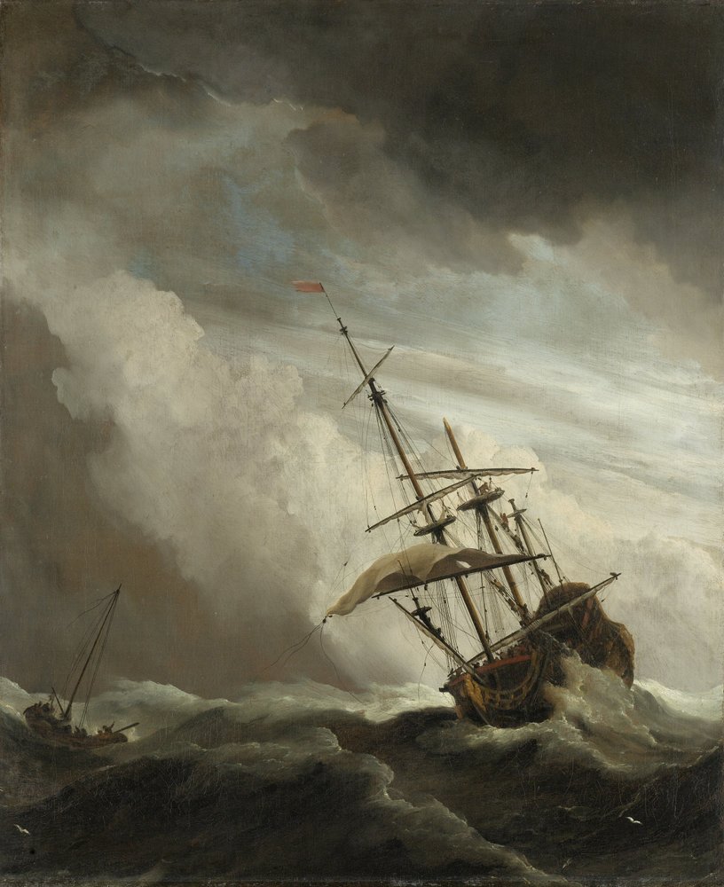 A Ship on the High Seas caught by a Squall, known as the Gust, 1680