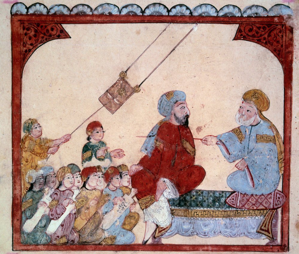 The wandering navigator Abu-Zayd. Miniature from the Maqamat (Seances ...