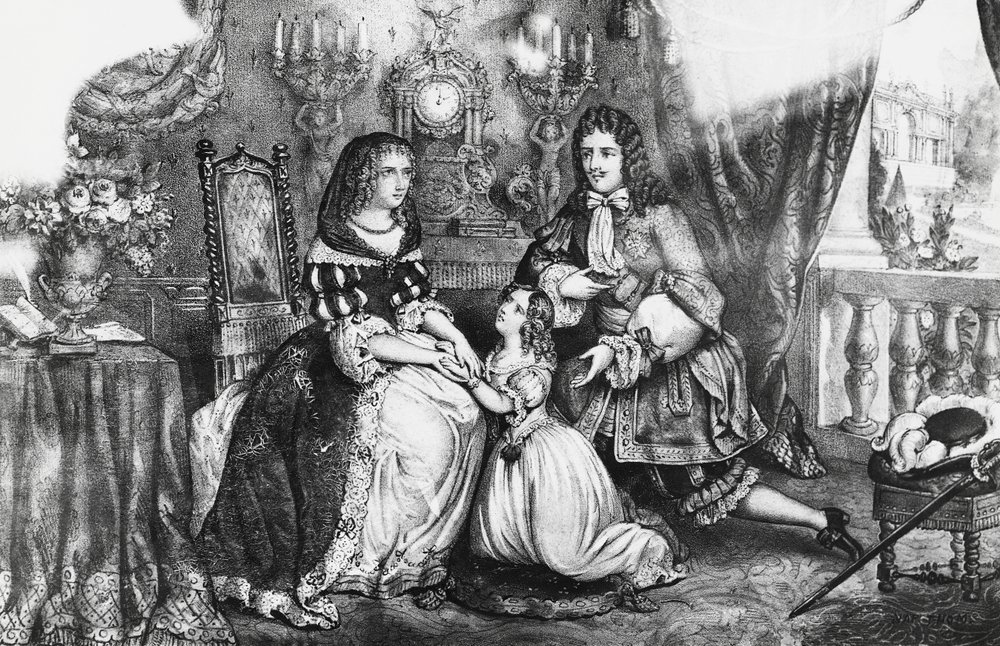 King Louis XIV and his daughter begging the Duchess Louise de La Valliere not to retreat into the convent by Georg Carl Heinrich Dollmann