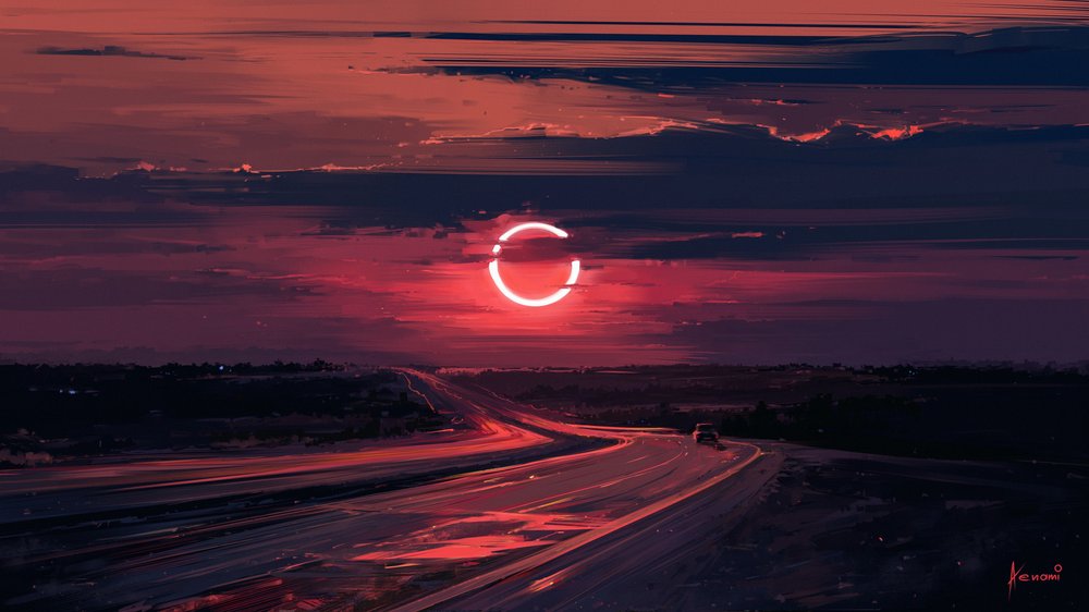 Red Sky Eclipse Drive by Alena Aenami