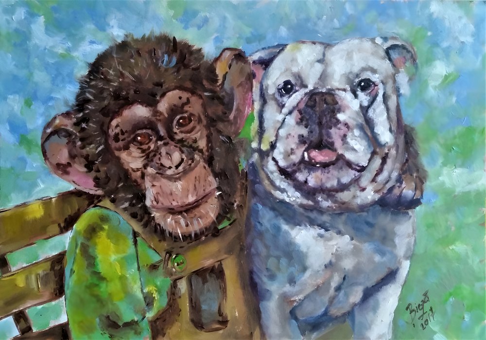 Chimp and Bulldog Friends by Anda Bieza