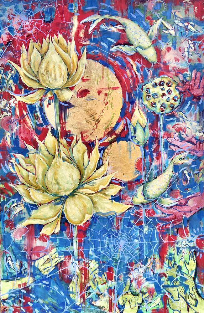 Golden Lotus Koi Harmony by Anda Bieza