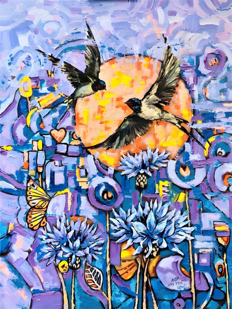 Vibrant Swallows Blue Garden by Anda Bieza