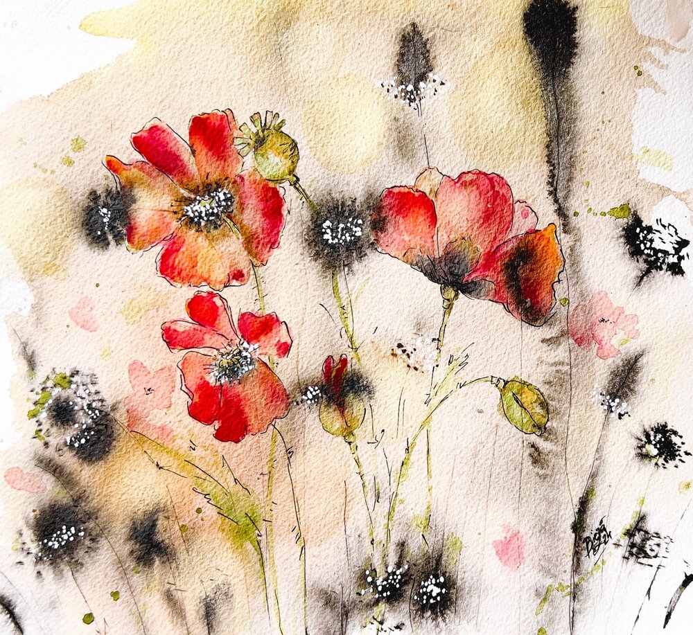 Wild Poppy Watercolor by Anda Bieza