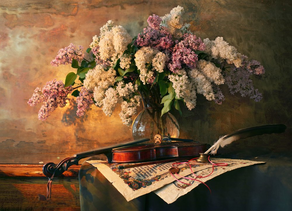 Lilac and Violin Still Life by Andrey Morozov