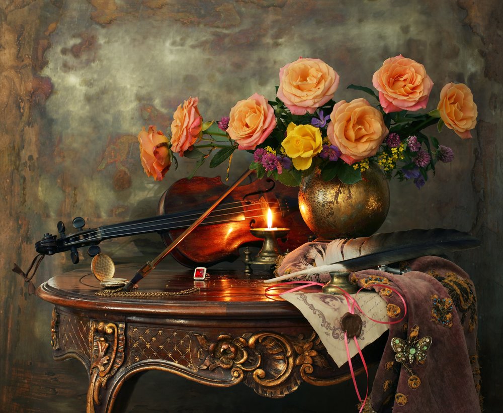 Vintage Violin and Roses by Andrey Morozov