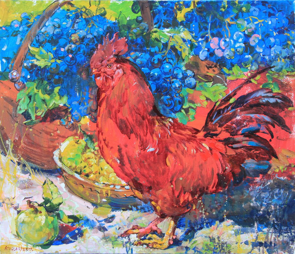 Colorful Rooster and Grapes by Andrii Kutsachenko