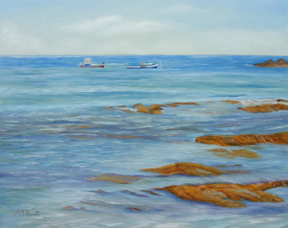 Coastal Boats and Rocks by Angeles M. Pomata