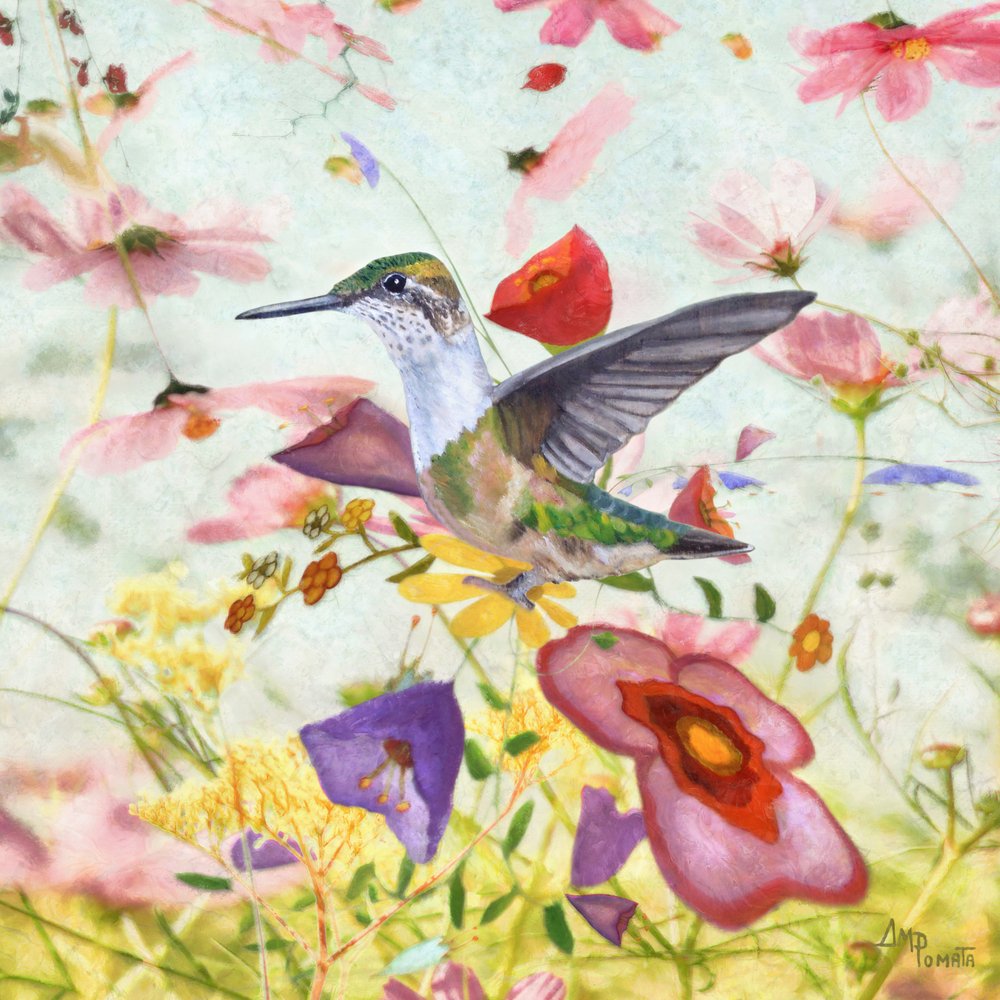 Hummingbird Among Flowers by Angeles M. Pomata