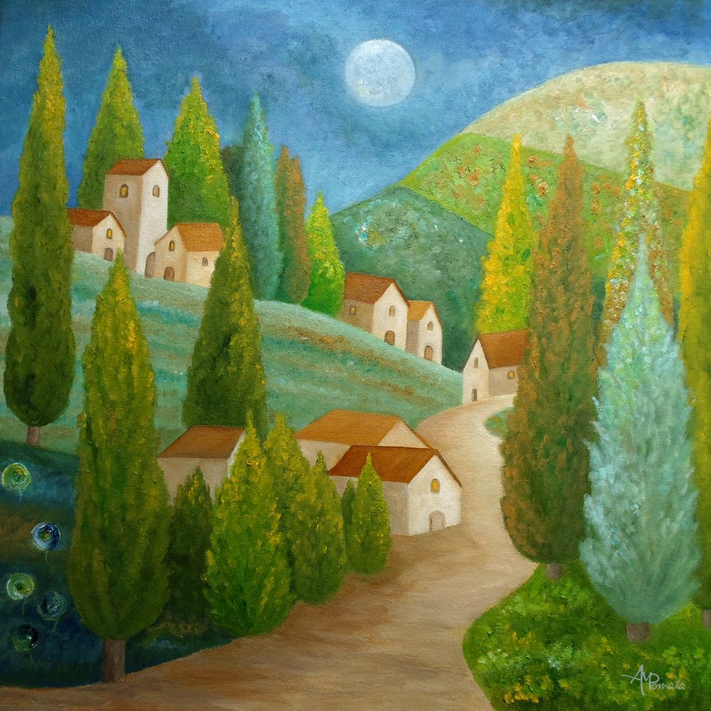 Moonlit Tuscan Village by Angeles M. Pomata