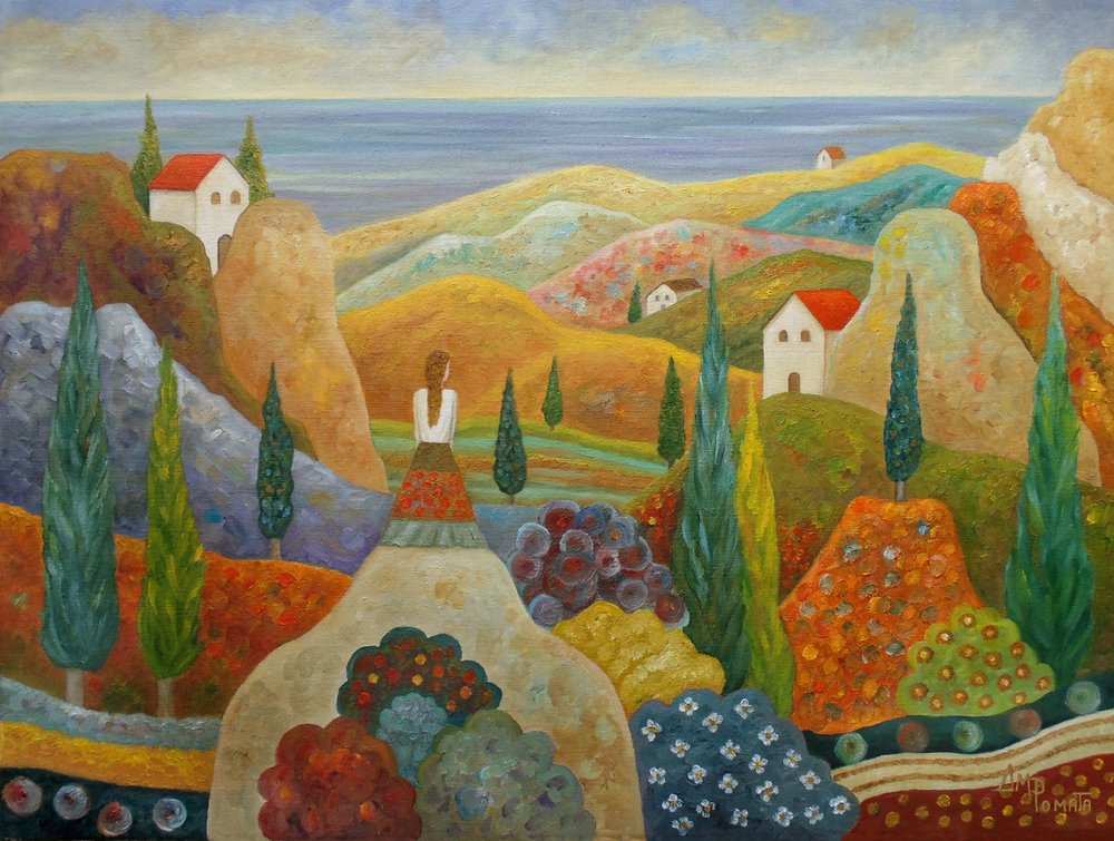 Woman Overlooking Mediterranean Hills by Angeles M. Pomata